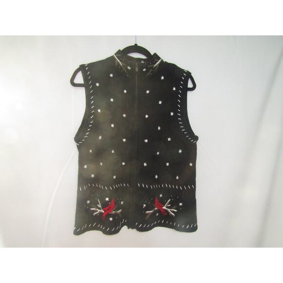 Christopher & Banks Women’s Medium Vest Black Cardinal Bird Embroidered Zip VTG - Picture 1 of 8